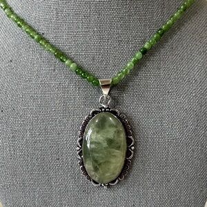 Genuine Prehnite Silver Plated Pendant and Peridot Beaded Necklace